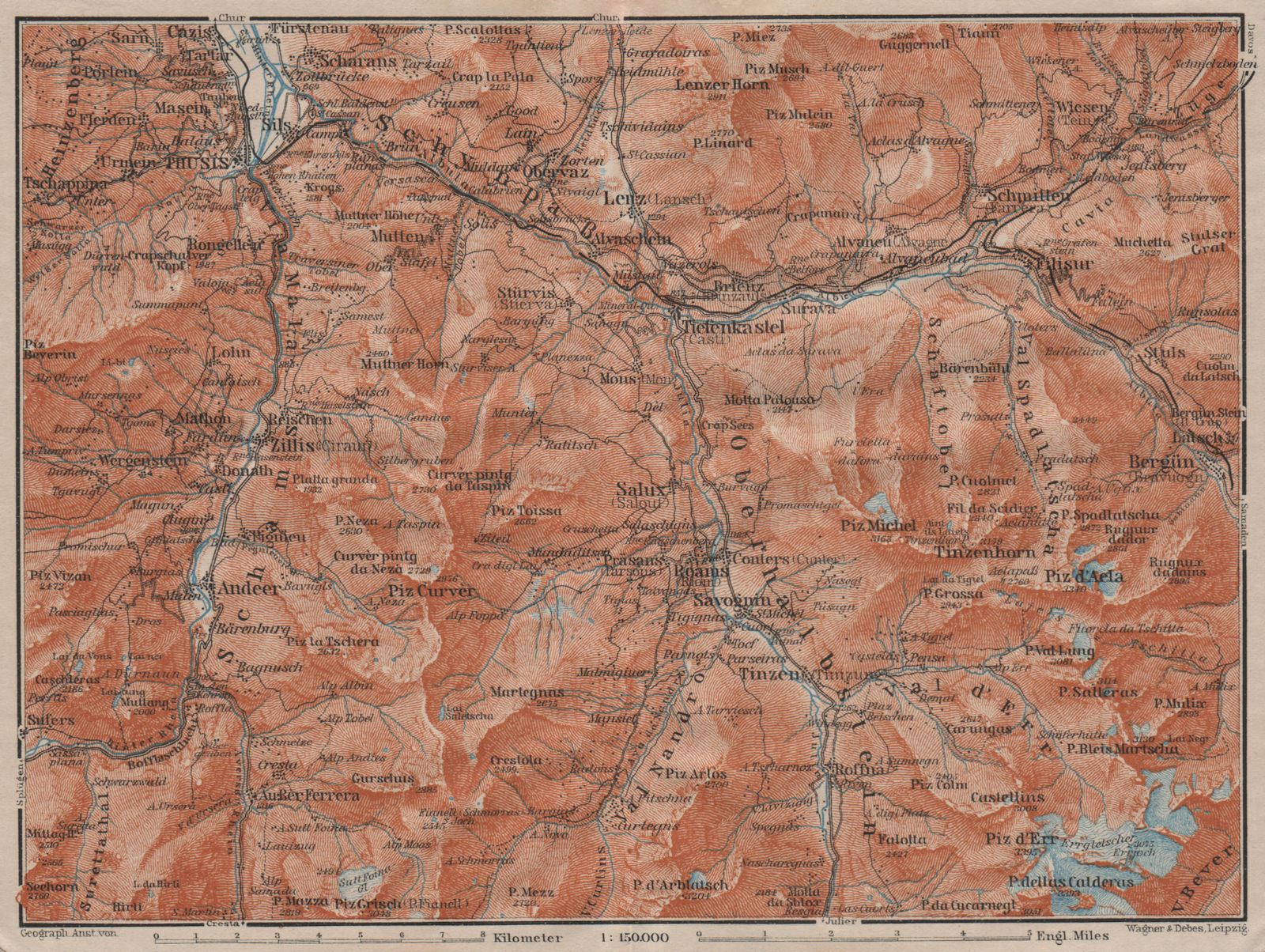 ALBULA ALPS. Thusis Tiefenkastel Savognin Piz Ela/d'Err/Calderas Salux 1911 map
